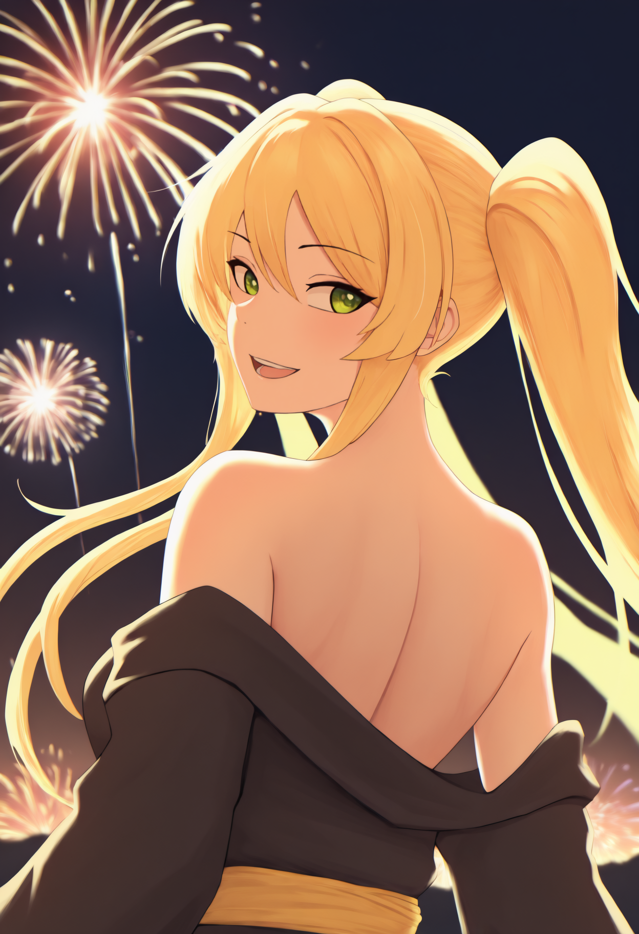 masterpiece, best quality, newest, anime, from behind, solo, 1girl, h0rnetdef, smile, open mouth, teeth, looking back, long hair, blonde hair, sidelocks, hair between eyes, twintails, green eyes, japanese clothes, black kimono, off shoulder, kimono pull, yellow sash, bare shoulders, outdoors, night, fireworks
<segment:yolo-Anzhc Face seg 640 v3 y11n.pt,0.4,1//cid=11>