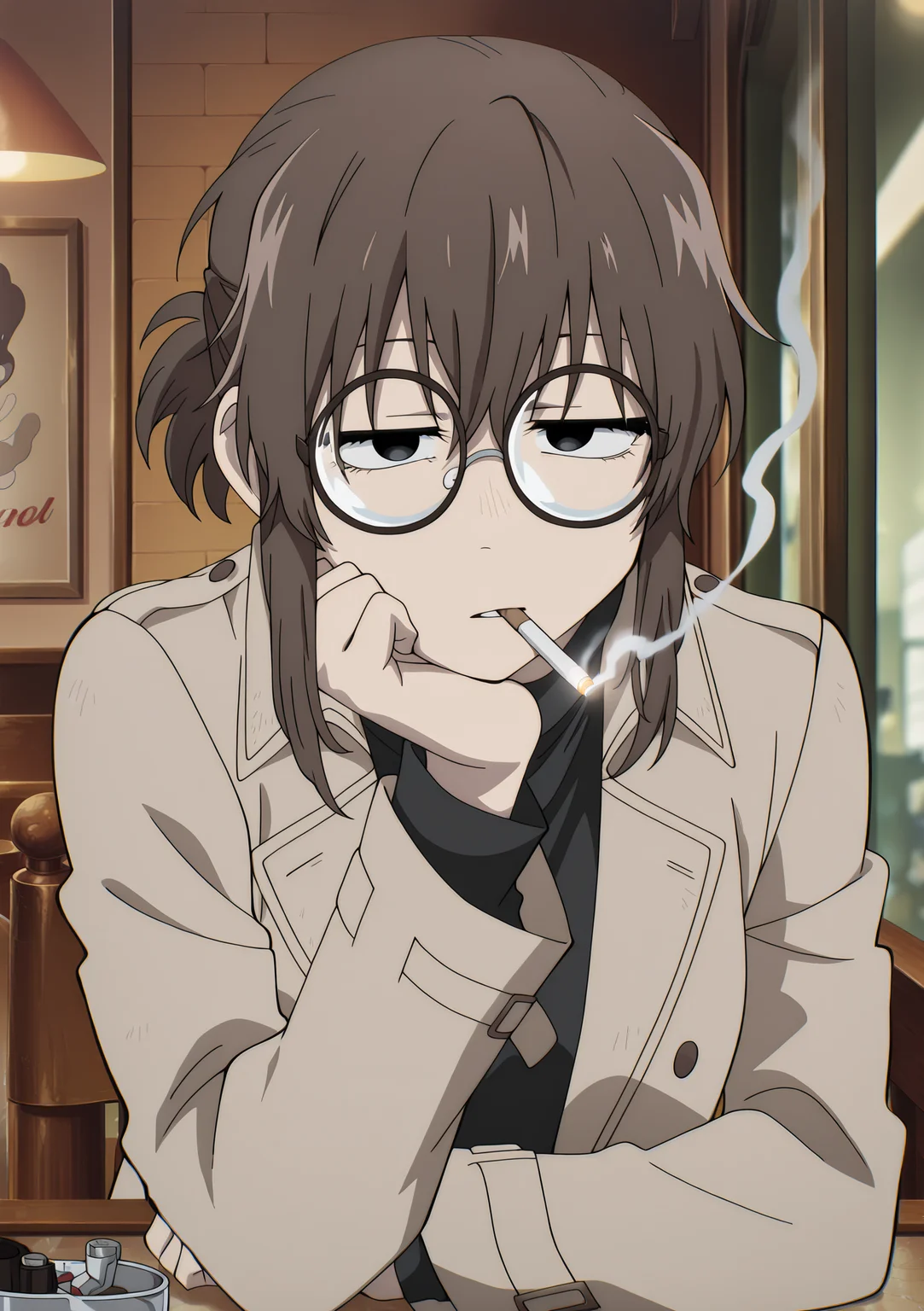 detailed background, official style,anime coloring, (anime screencap) masterpiece, detailed face,1girl <lora:Anko_Uguisu_v2:0.9>Anko, cigarette, solo, glasses, smoking, brown hair, looking at viewer, indoors, coat, black eyes, short ponytail, smoke, table, round eyewear, head rest, ponytail, long sleeves, sidelocks, restaurant background,