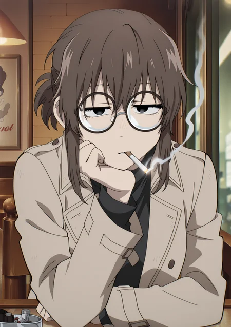 detailed background, official style,anime coloring, (anime screencap) masterpiece, detailed face,1girl <lora:Anko_Uguisu_v2:0.9>Anko, cigarette, solo, glasses, smoking, brown hair, looking at viewer, indoors, coat, black eyes, short ponytail, smoke, table, round eyewear, head rest, ponytail, long sleeves, sidelocks, restaurant background,