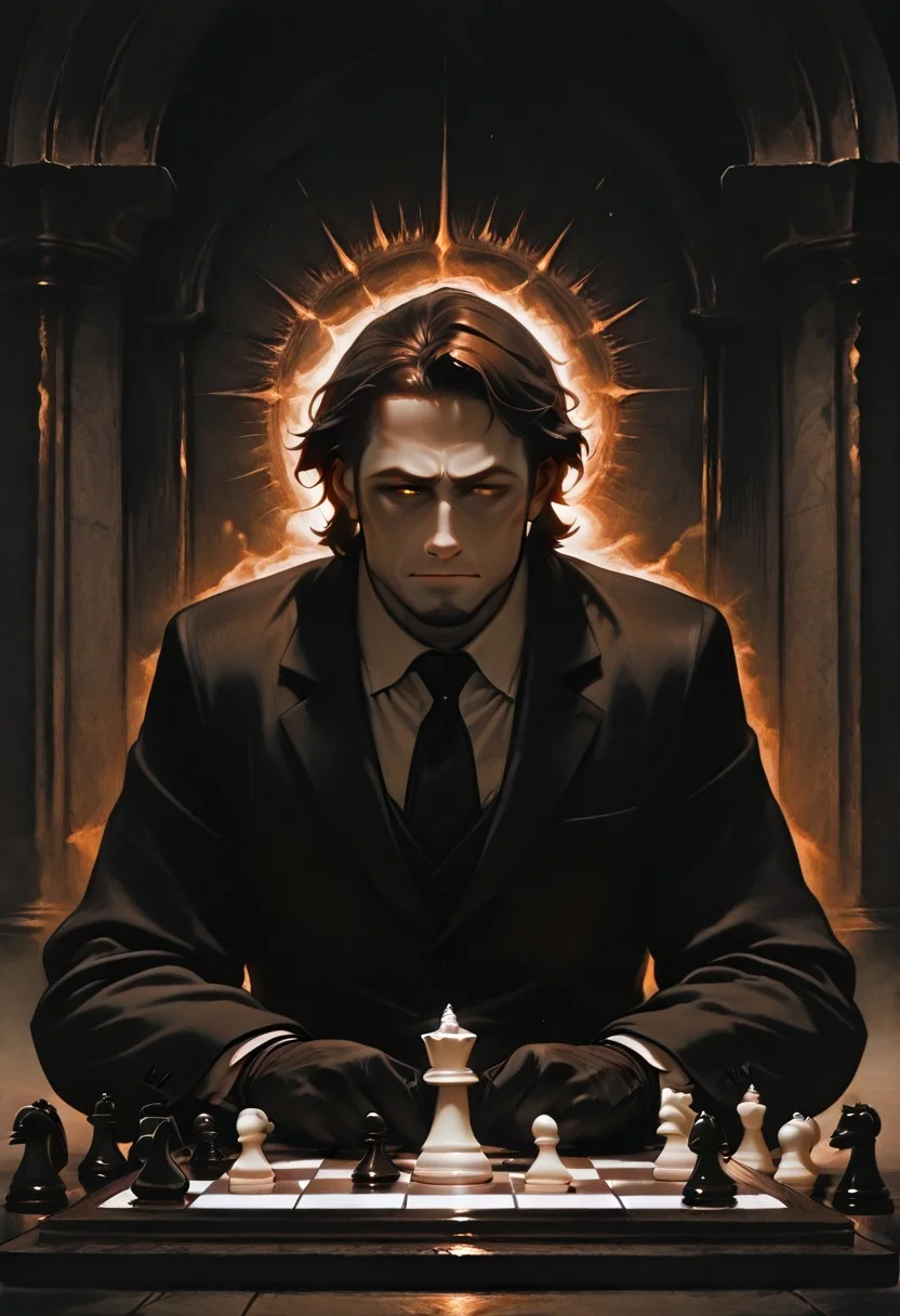 masterpiece, best quality, amazing quality, absurdres, newest, detailed background, definition so sharp, Ultra-HD, 8K cinematic, very awa, impressionate, amazing quality, highres, rnsls2,
solo, male focus, manly, shadow, shiny skin,
shimonmakusu, shimon_brunette, shimon_orange eyes, 1boy, short hair, stubble, goatee, mature male, cold_expression, intense_gaze, mastermind, strategist, chess_board, gloves, suit, shadowed_face, calculating, observant, monochrome, sharp_focus, confident_pose, dark_academia