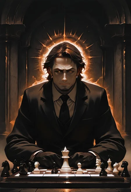 masterpiece, best quality, amazing quality, absurdres, newest, detailed background, definition so sharp, Ultra-HD, 8K cinematic, very awa, impressionate, amazing quality, highres, rnsls2,
solo, male focus, manly, shadow, shiny skin,
shimonmakusu, shimon_brunette, shimon_orange eyes, 1boy, short hair, stubble, goatee, mature male, cold_expression, intense_gaze, mastermind, strategist, chess_board, gloves, suit, shadowed_face, calculating, observant, monochrome, sharp_focus, confident_pose, dark_academia