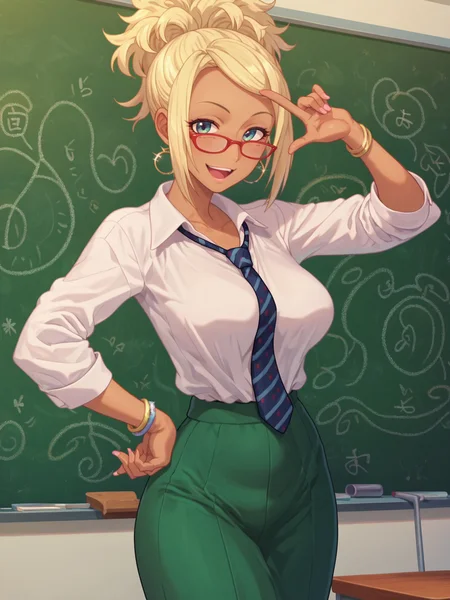 score_9, score_8_up, score_7_up, score_6_up, score_5_up, score_4_up, anime screencap,
1girl, kuroko <lora:kuroko_(jk_bitch)-PD-1.0:1>,
teacher, chalkboard, green business suit, vest, contrapposto, happy, looking at viewer, glasses, cowboy shot