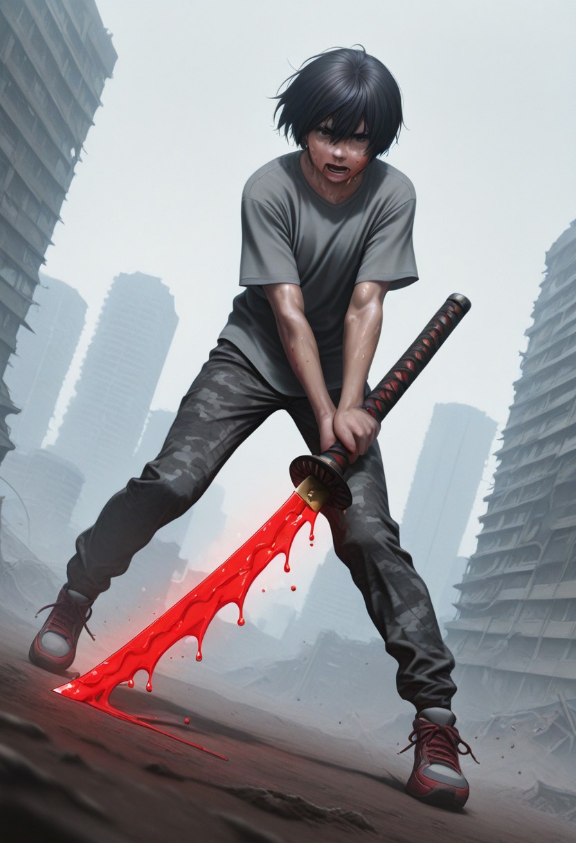 lazypos, ShatterEdge, Blood-soaked weapon, Katana,  1boy, aged up, black hair, short hair, grey muscle shirt, camo pants, sneakers, holding sword, sweat, dirt, dutch angle, epic, cinematic, city ruins, depth of field, volumetric lighting, lunging, swiping at viewer, In your face action,
