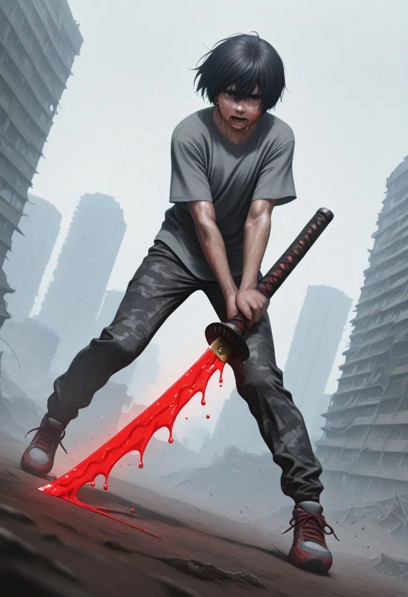 lazypos, ShatterEdge, Blood-soaked weapon, Katana, 1boy, aged up, black hair, short hair, grey muscle shirt, camo pants, sneakers, holding sword, sweat, dirt, dutch angle, epic, cinematic, city ruins, depth of field, volumetric lighting, lunging, swiping at viewer, In your face action,