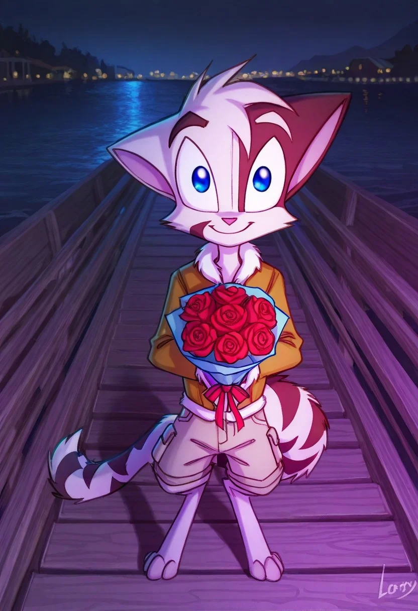 Mace, Dreamkeepers, 1boy, solo, anthropomorphic, feline-like, spiky hair, tail, child,
solo, blue eyes, Digitigrade, jacket, beige cargo shorts, docks,
holding bouquet,bouquet, bouquet of roses, mouth open, happy, cute, ((holding roses)), (((giving flowers to viewer))), looking at viewer, holding roses, night, smiling, upper body, presenting roses, many roses,
,<lora:Dreamkeepers_Mace_Illustrious:0.8>,