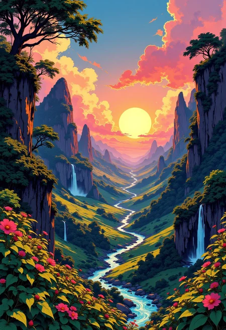 A breathtaking expanse of untamed jungle stretches as far as the eye can see, where towering plateaus rise like emerald fortresses, their sheer cliffs adorned with cascading vines and ancient trees clinging to the stone. From their mist-laden peaks, rivers of crystalline water spill down in luminous waterfalls, carving deep ravines through the lush undergrowth before winding their way into the heart of the jungle. The rivers snake through the land, cutting through the dense foliage and feeding vibrant, life-filled meadows nestled at the base of the towering plateaus. Here, the jungle thrives in harmonious chaos—colossal trees with sprawling canopies shelter an intricate web of life, while open plains of swaying grass provide a striking contrast to the dense greenery. The sky is an endless sea of deep azure, unmarred by clouds, allowing the golden sun to bathe the world in its warm glow. As twilight approaches, the heavens erupt in a breathtaking display of fiery hues, blending radiant gold, deep crimson, and soft lavender. The sun’s final rays glisten on the river’s surface, turning the waters into molten gold, while long shadows stretch across the jungle floor. The world feels alive, pulsing with an ancient rhythm, as the interplay of warm light and deep greens creates a vision of primal beauty, untouched by time. j_art.
