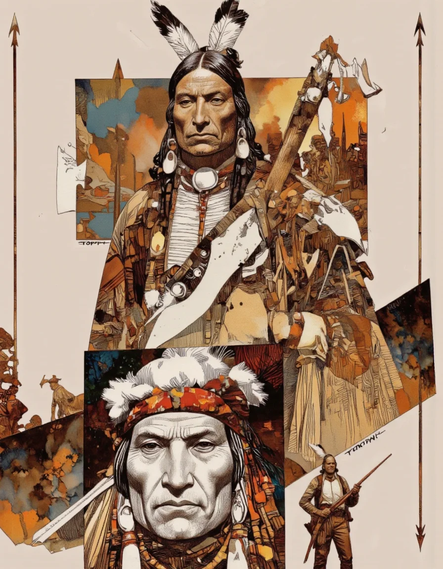 Art by Sergio Toppi. A high quality digital drawing in a comic book style, depicting a Native American warrior. The image uses a combination of realistic and painterly styles, with rich earth tones and intricate textures. The warrior, positioned in the center, wears traditional regalia including a feathered headdress, a beaded necklace, and holds a tomahawk in his right hand. At the bottom of the image is a portrait of a Native American wearing a feathered headdress, giving the impression of being a tribal chief. His expression is stern and authoritative. In the background, a smaller figure stands holding a rifle, adding depth and context. The composition uses the rule of thirds, with arrow guidelines directing the focus. The lighting is even, emphasizing the intricate details. The aesthetic quality is very high.The artist's signature, "Toppi", is visible.