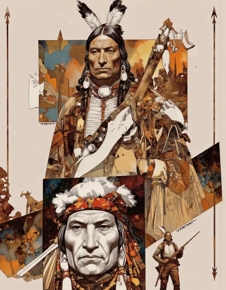 Art by Sergio Toppi. A high quality digital drawing in a comic book style, depicting a Native American warrior. The image uses a combination of realistic and painterly styles, with rich earth tones and intricate textures. The warrior, positioned in the center, wears traditional regalia including a feathered headdress, a beaded necklace, and holds a tomahawk in his right hand. At the bottom of the image is a portrait of a Native American wearing a feathered headdress, giving the impression of being a tribal chief. His expression is stern and authoritative. In the background, a smaller figure stands holding a rifle, adding depth and context. The composition uses the rule of thirds, with arrow guidelines directing the focus. The lighting is even, emphasizing the intricate details. The aesthetic quality is very high.The artist's signature, "Toppi", is visible.