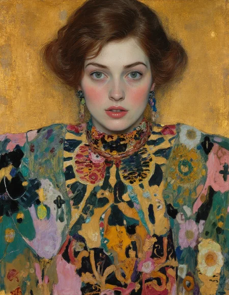 painting in gustavklimt style of a brunette woman with green eyes wearing turtleneck bodycon dress, she is slightly turned away from viewer, surprise expression, full body, bare feet, simple background, by gustav klimt,
extremely detailed,