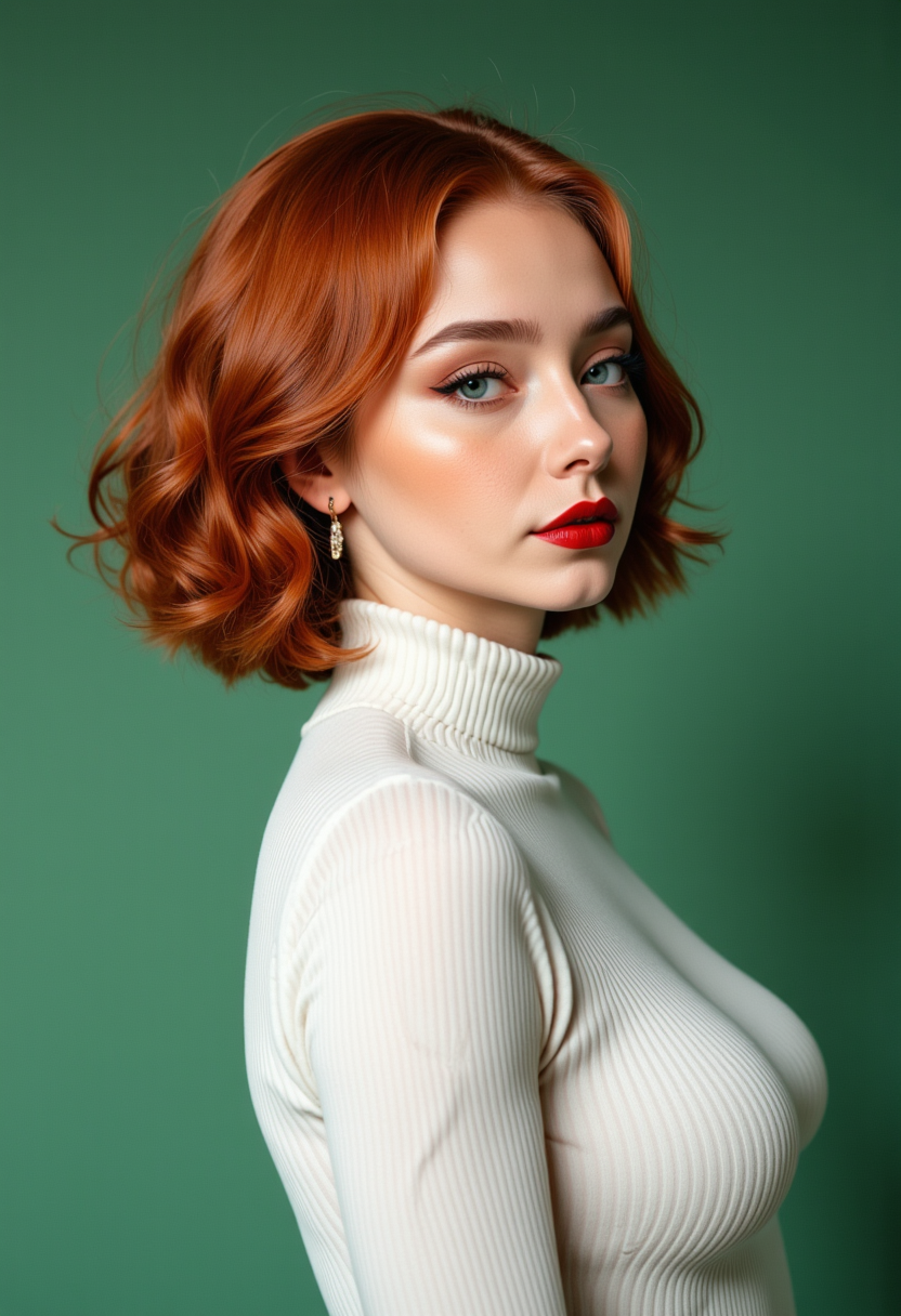 profile Headshots,masterpiece, a beautiful woman,Hyperrealistic, she is smiling, dynamic angles, multiple angles, photoshoot poses; A photo of Redhead 4, a woman with short hair, she has massive breasts, a beautiful girl,she is wearing a white turtleneck sweater.she has massive breasts, she has piercing eyes. a dynamic pose and a sense of action. simple green background, and the lighting is soft, creating a dramatic effect, creating a focused and dynamic pose.; the scene is set in a beautiful well-lit environment, with a sense of action and adventure. Style: realistic hyper-detailed rendering, 32k UHD, expressive eyes, punk, graphic design, girl's face, pretty and cute, gleaming lips, telling a tale of adventure. Exuding confidence and serenity. The overall mood of the image is happy and relaxed, detailed skin texture,(blush:0.2),(goosebumps:0.3), subsurface scattering,with a playful and whimsical tone,perfect hand, hand, detailed hand,Niji Stan Katayama Style,retro50s_style,