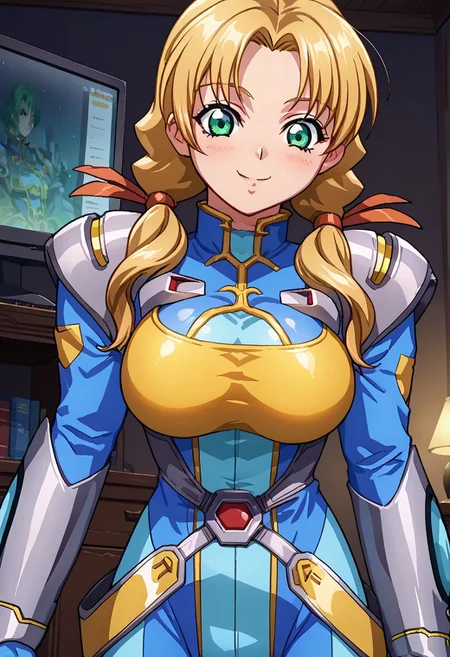 score_9, score_8_up, score_7_up, score_6_up, source_anime, anime screencap, 1girl, solo, oldrin, blonde hair, low twintails, green eyes, srwbluepilotsuit, blue bodysuit, pauldrons, wrist guards, metal belt, grey armor, helmet removed, no headwear, large breasts, looking at viewer, light blush, smile, cowboy shot, night, indoors, modern, dark walls, monitor,