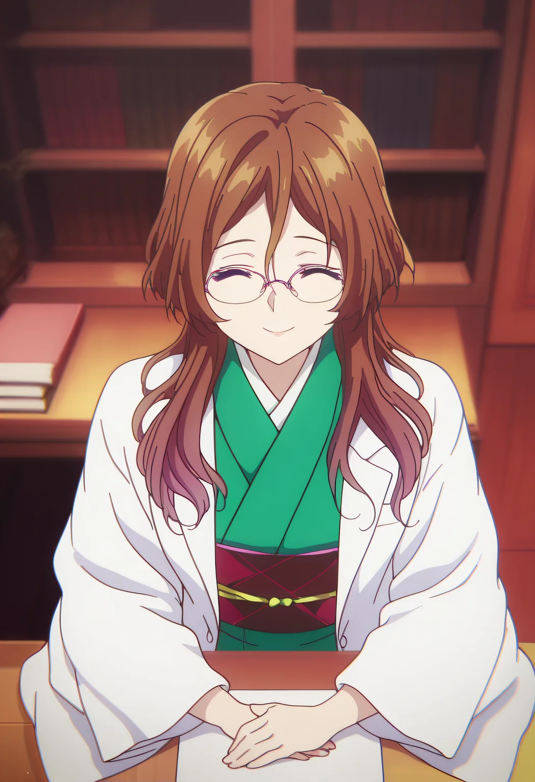 masterpiece, best quality, amazing quality, very aesthetic, absurdres,
1girl, solo, Arisu Himeno, brown hair, purple eyes, long hair, glasses, pink-framed eyewear,
green kimono, japanese clothes, sash, obi, labcoat,
Crossing hands,
Smile, eye closed,
anime coloring,
dof, sit, chairs, desk, bookshelves,
kyoto animation,