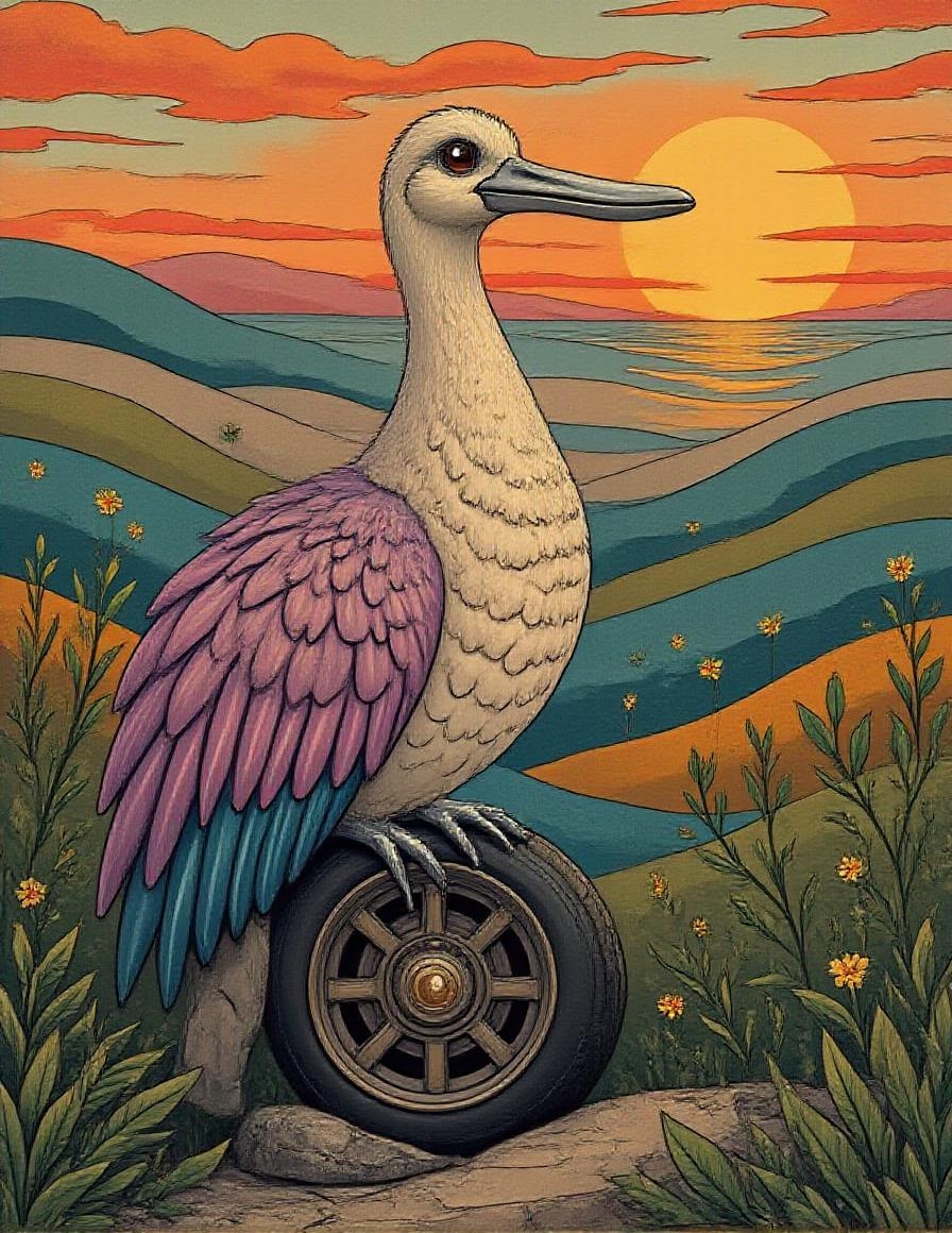 <lora:FolkCartoon.safetensors:1>  The scene is rendered in a style that fuses Baroque opulence with modern minimalism, using polished chrome surfaces and intricate Rococo-inspired flourishes. The subject, a surreal ibis, is perched on a mangled car wheel, its lavender and cream plumage transformed into metallic, reflective waves that shimmer with deep pink, teal, and amber gradients. The bird’s thick, barbed quills are sculpted with ornate curves, each barb etched with floral motifs that catch the dramatic lighting, creating glints of silver and gold. Its silver eyes are polished to a mirror-like finish, reflecting the stormy sea and the fiery orange clouds of the sunset. The background is a blend of vivid jewel tones, with translucent textures adding depth, while clean lines of modern minimalism frame the scene. Elegant greenery, sculpted in metallic tones, balances the extravagance, creating a harmonious contrast. The overall atmosphere is ethereal, with the ibis appearing both timelessly ornate and strikingly modern, a regal centerpiece in a world of sculptural luxury.