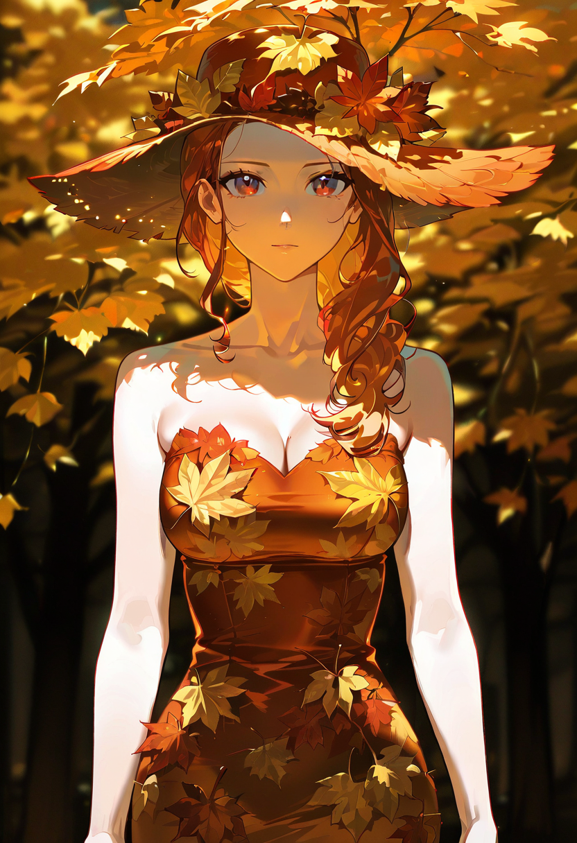 1girl,solo,looking at viewer, echo (circa),al dress, red dress, leaf, orange dress, autumn leaves,upper body, kiryu_coco