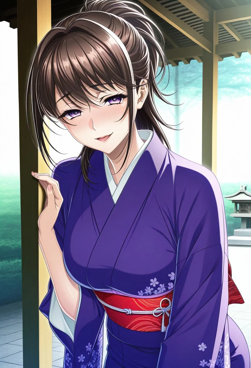 masterpiece, best quality, newest, highres, uncensored, 1girl, yokota mamoru style,1girl, slender face，motion lines,blush,torogao,looking at the viewer,seductive smile
Ichinose Ayako,Brown Hair, Ponytail, Shoulder-length Hair,Long Hair, Sidehair, Straight Hair,Violet Eyes,Slim
1girl,solo
kimono, shrine, tradition japanese wedding,extremely happy,torogao,seductive smile