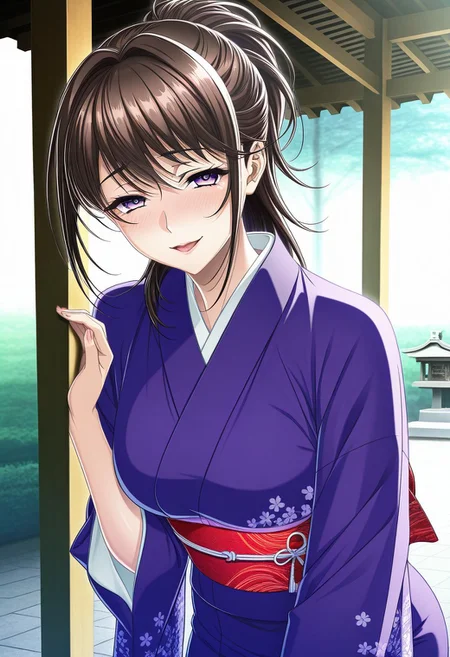 masterpiece, best quality, newest, highres, uncensored, 1girl, yokota mamoru style,1girl, slender face,motion lines,blush,torogao,looking at the viewer,seductive smile
Ichinose Ayako,Brown Hair, Ponytail, Shoulder-length Hair,Long Hair, Sidehair, Straight Hair,Violet Eyes,Slim
1girl,solo
kimono, shrine, tradition japanese wedding,extremely happy,torogao,seductive smile