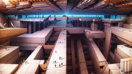masterpiece, bird's-eye view, detailed human body, (isometric:1.3),3X zoom, Detailed world, noise, chaos, contamination, rim light, Mega Structure, infinite floor, Organic shape, <lora:add_detail:1>, <lora:Blame!:1>