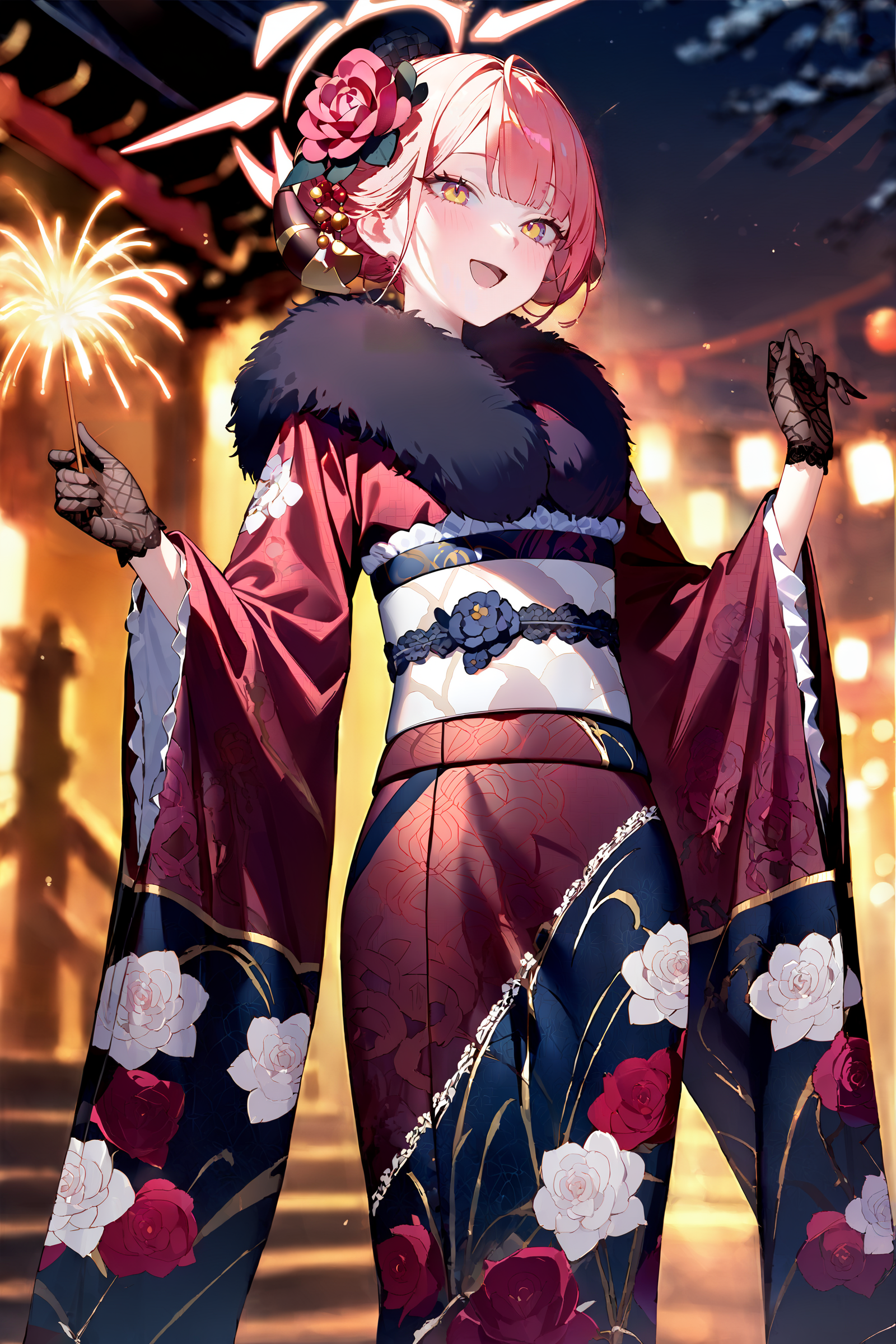 masterpiece, best quality, very aesthetic, ray tracing, newest,(hitenkei, askzy:0.5), 1girl, aru \(blue archive\), solo, fur-trimmed kimono, lace gloves, horns, hair flower, halo, obi, sash, tabi, single hair bun, standing, cowboy shot, holding fireworks, smile, open mouth, night, outdoors, blurry background  <lora:quality1:0:hr=2>,  <lora:Char-BlueArchive-Aru-XL-V1:0.9>
