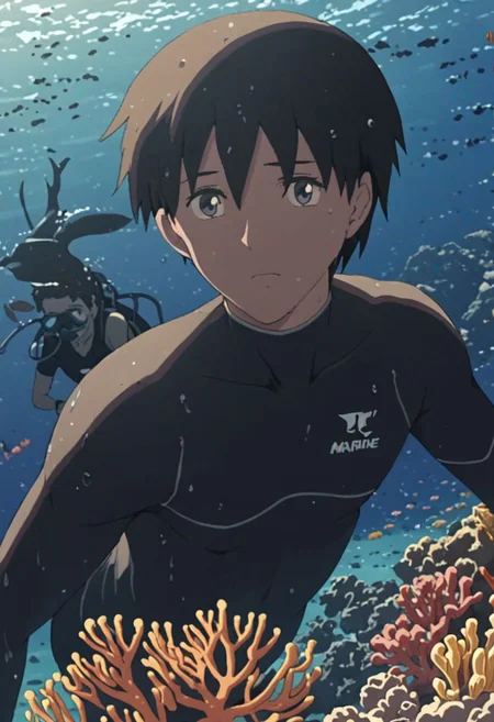 Highres, Masterpiece, High Quality, 4K, 8K, solo, 1Boy, Takaki Toono, adult, black hair, short hair, sea water, clear, calm, coral reefs, fish, marine life, diving, snorkeling, without snorkel equipment, wet, easynegative, detailed_eye_model