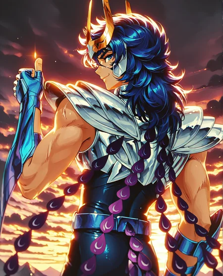masterpiece, best quality, amazing quality, IKKIV2IL, 1boy, male focus, toned male, circlet, blue hair, wavy hair, blue eyes, scar on face, toned male, silver breastplate, silver pauldrons, fingerless gloves, blue vambraces, sleeveless, belt, belt buckle, dark blue bodysuit, winged armguard, purple tail feathers, purple phoenix tail feathers, FMIXF, vibrant details, rdf01, (large iris:1.3), view from behind, looking over shoulder, looking at viewer, (hand up, thumbs up:1.2), smile, dark clouds