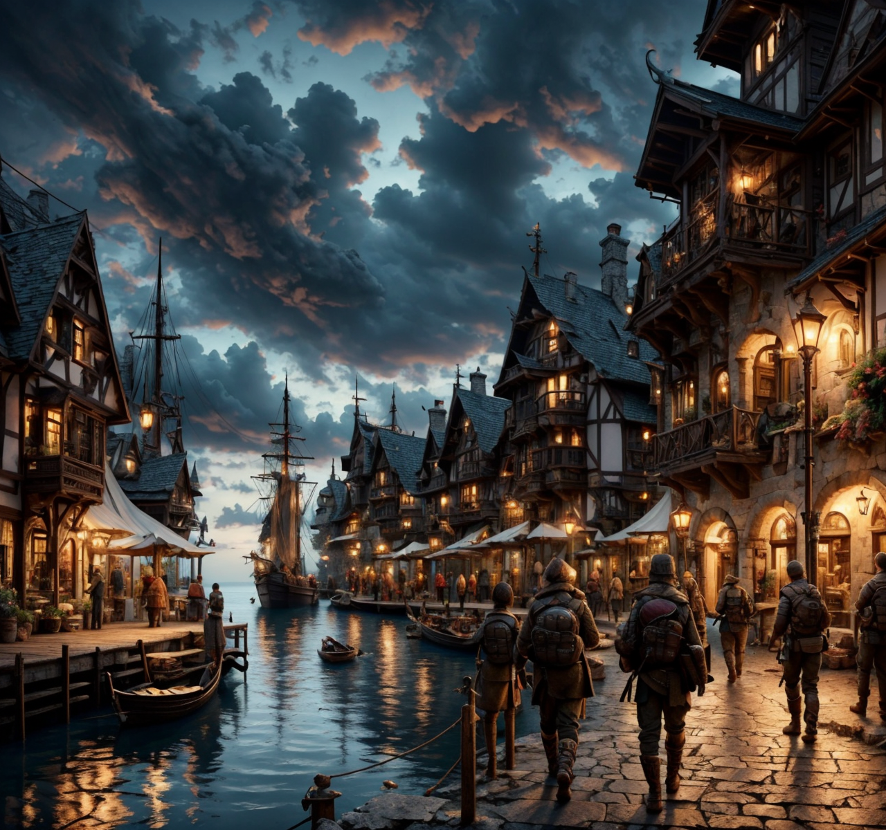 RAW photo, (masterpiece:1.3), subsurface scattering, heavy shadow, (high quality:1.4), (intricate, high detail:1.2), professional photography, HDR, High Dynamic Range, realistic, ultra realistic, photorealistic, high resolution, film photography, ambient lighting, atmospheric effects, <lora:detail_slider_v4:2>, OverallDetail,  <lora:HarborAndDocks:1>, 4boys, a group of smugglers on a pier, night, dark clouds, water, hado, houses,
