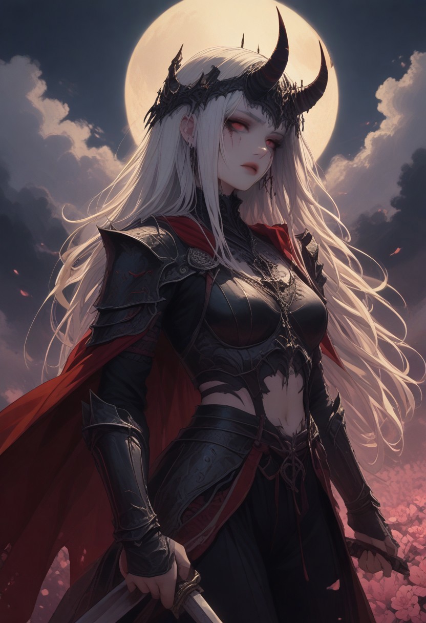 score_9, score_8_up, score_7_up score_9, score_8_up, score_7_up, score_6_up, score_5_up, score_4_up,
 <lora:GothGirlAestheticV5-000015:1> g0th,
weapon, moon, armor, sword, flower, holding weapon, helmet, holding sword, holding, solo, full moon, long hair, outdoors, cape, sky, red cape, night, horns, pink flower, standing, cloud, shoulder armor, japanese armor, white hair