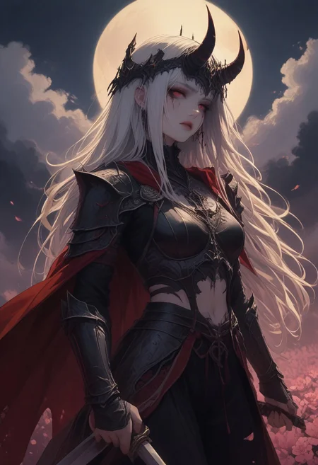 score_9, score_8_up, score_7_up score_9, score_8_up, score_7_up, score_6_up, score_5_up, score_4_up,
<lora:GothGirlAestheticV5-000015:1> g0th,
weapon, moon, armor, sword, flower, holding weapon, helmet, holding sword, holding, solo, full moon, long hair, outdoors, cape, sky, red cape, night, horns, pink flower, standing, cloud, shoulder armor, japanese armor, white hair