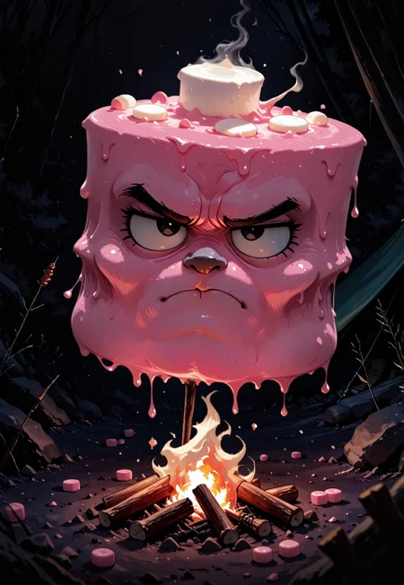  marshmallow barbecue,  pink marshmallow, grumpy, looking at viewer, solo, skewer, pierced, melting, campfire, campsite, tent, no humans, close up, night, dark theme, negative space,  portrait, photo \(medium\), scenery, volumetric lighting, masterpiece, best quality, good quality, very awa, very aesthetic, absurdres, newest, opill