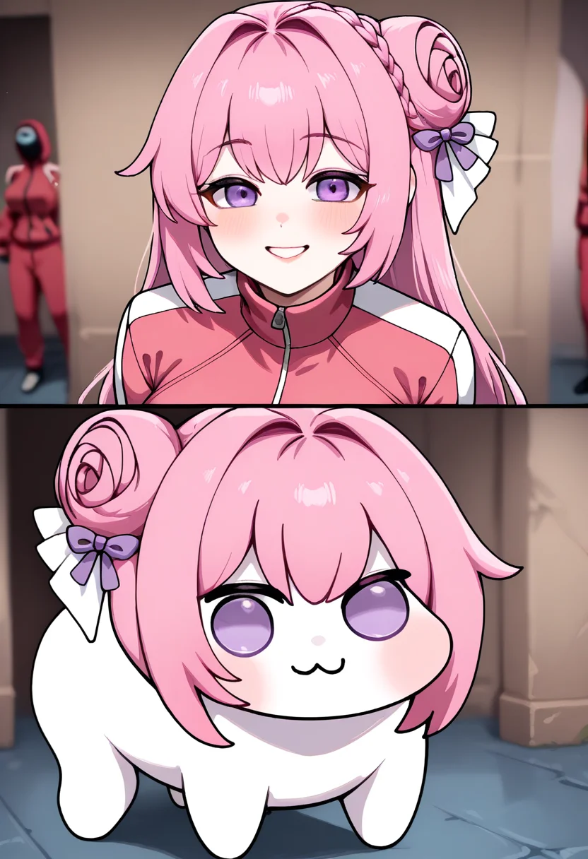 masterpiece, best quality, newest, absurdres, highres, 2girls, 2koma, looking at viewer, comic, scene reference, track jacket, blurry background, <lora:Year1&Year2SquidGameMeme_illusXLNoobAI_Incrs_v1:1>, dual persona, expressions, smile, dorothy \(nikke\), pink hair, long hair, hair bun, braid, purple eyes, hair ribbon, hair ornament, purple ribbon, large breasts,
masterpiece, best quality, newest, absurdres, highres, looking at viewer, comic, scene reference, blurry background, <lora:Year1&Year2SquidGameMeme_illusXLNoobAI_Incrs_v1:1>, dual persona,  <lora:doro_xypher_ixl_v1:0.8> doro, :3, chibi, no pupils, solid circle eyes, full body, white skin, all fours, dorothy \(nikke\), pink hair, purple eyes, single side bun, hair bow, purple ribbon