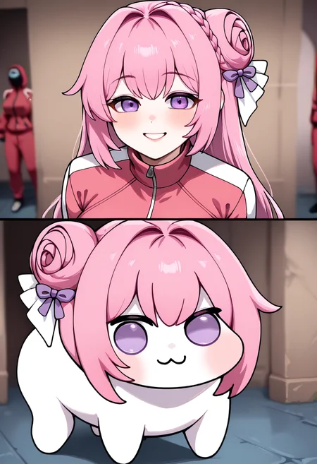 masterpiece, best quality, newest, absurdres, highres, 2girls, 2koma, looking at viewer, comic, scene reference, track jacket, blurry background, <lora:Year1&Year2SquidGameMeme_illusXLNoobAI_Incrs_v1:1>, dual persona, expressions, smile, dorothy \(nikke\), pink hair, long hair, hair bun, braid, purple eyes, hair ribbon, hair ornament, purple ribbon, large breasts,
masterpiece, best quality, newest, absurdres, highres, looking at viewer, comic, scene reference, blurry background, <lora:Year1&Year2SquidGameMeme_illusXLNoobAI_Incrs_v1:1>, dual persona, <lora:doro_xypher_ixl_v1:0.8> doro, :3, chibi, no pupils, solid circle eyes, full body, white skin, all fours, dorothy \(nikke\), pink hair, purple eyes, single side bun, hair bow, purple ribbon