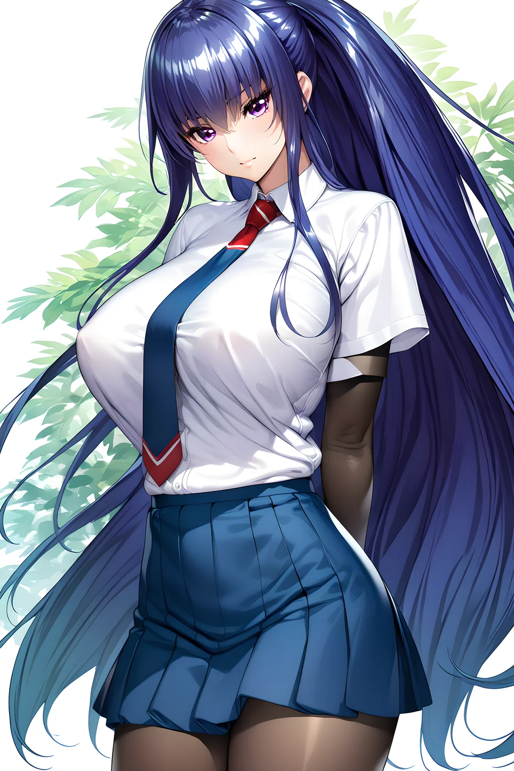(masterpiece),(best quality),(ultra-detailed),(best illustration),(best shadow),(absurdres),(detailed background),(very aesthetic)akiyama rinko, 1girl, breasts, long hair, pantyhose, solo, necktie, skirt, purple eyes, blue hair, white background, schooluni, upper body view, <lora:Akiyama_Rinko_ç§å±±åå_-_Taimanin_RPGX_対éå¿RPGX_-_SDXL_Animagine_XL_3.1-10epoch:1>