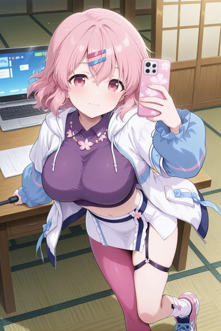absurdres, highres, masterpiece, best quality, amazing quality, official anime artwork, screencap, anime screencap, outdoors, looking at viewer, light smile, dynamic pose, standing,
<lora:Yuyuko-Saigyouji_IllustriousV3:1> saigyouji yuyuko, 1girl, solo, pink eyes, pink hair, short hair, large breasts,, saigyouji yuyuko \(cyber ghost\), alternate costume, hairclip, white hoodie, long sleeves, puffy long sleeves, white sleeves, pocket, crop top, purple top, midriff, white skirt, miniskirt, asymmetrical legwear, uneven legwear, pink pantyhose, single leg pantyhose, white socks, sneakers, sakura necklace, garter straps, holding phone, selfie stick, 
indoors, desk, computer,