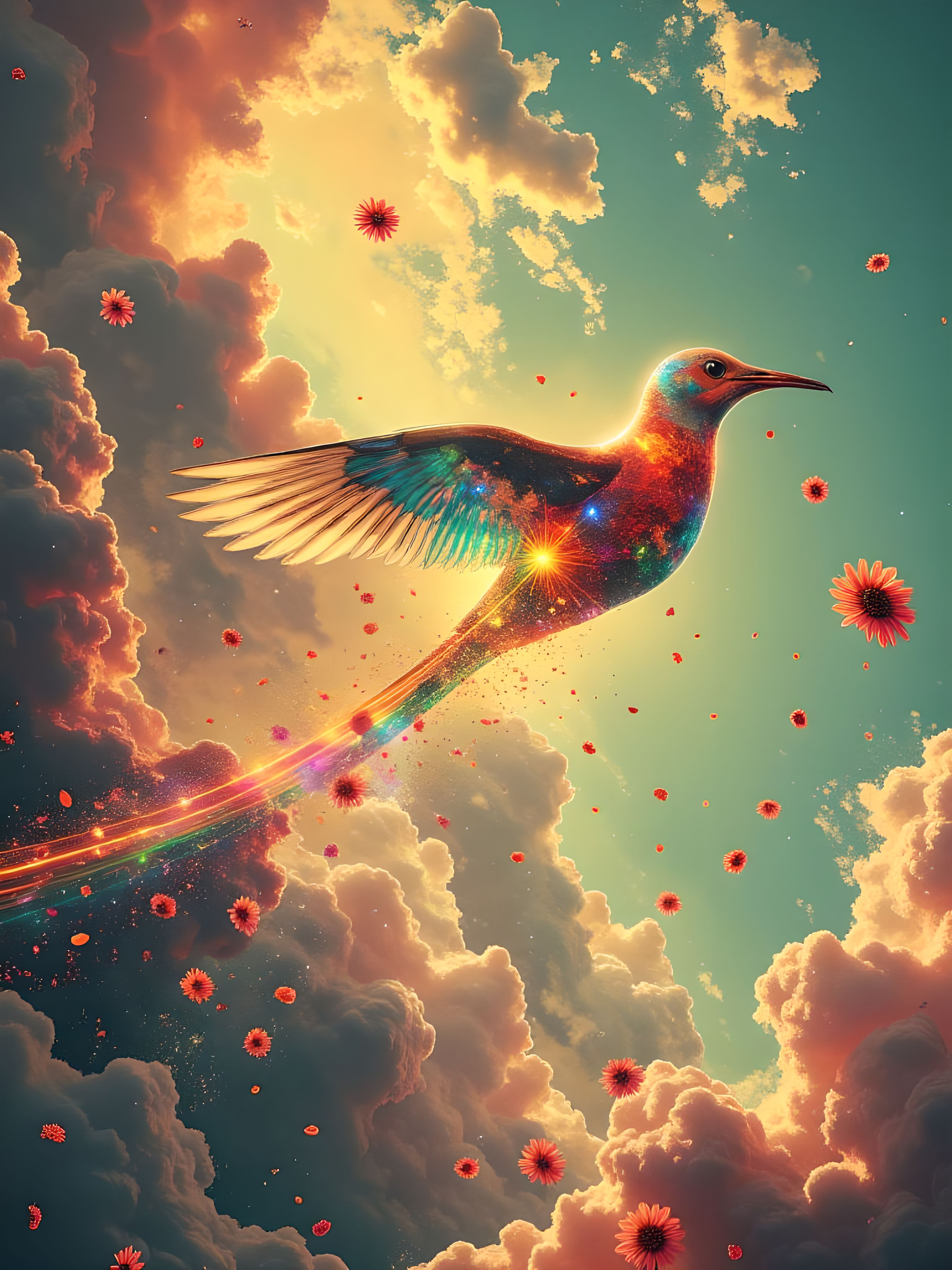 An otherworldly, fluid depiction of a semi-transparent bird soaring through a dreamlike sky, leaving behind a radiant trail of shifting colors that blend seamlessly into a cascade of delicate, vibrant flowers. The bird’s form is ethereal, with soft edges and a translucent texture that reveals an ever-changing, swirling pattern of light and hues within. As it moves, a continuous, fluid ribbon of rainbow light follows its path, with the petals of the flowers slowly fading into the air as they scatter behind. The scene evokes a sense of wonder and surrealism, with a playful mix of abstract beauty and symbolic imagery that invites the viewer to explore its dreamlike atmosphere. aidmaimageupgrader, aidmaMJ6.1m, detailmaximizer, mythp0rt, ne0nfant4sy, drkfnts, hkmagic <lora:aidmaImageUpgrader-FLUX-V0.2:0.7> <lora:aidmaMJ6.1_aidmaMJ6.1-FLUX-v0.4:0.8> <lora:v1v1dr34m:0.74> <lora:Luminous_Shadowscape-000016:0.68>