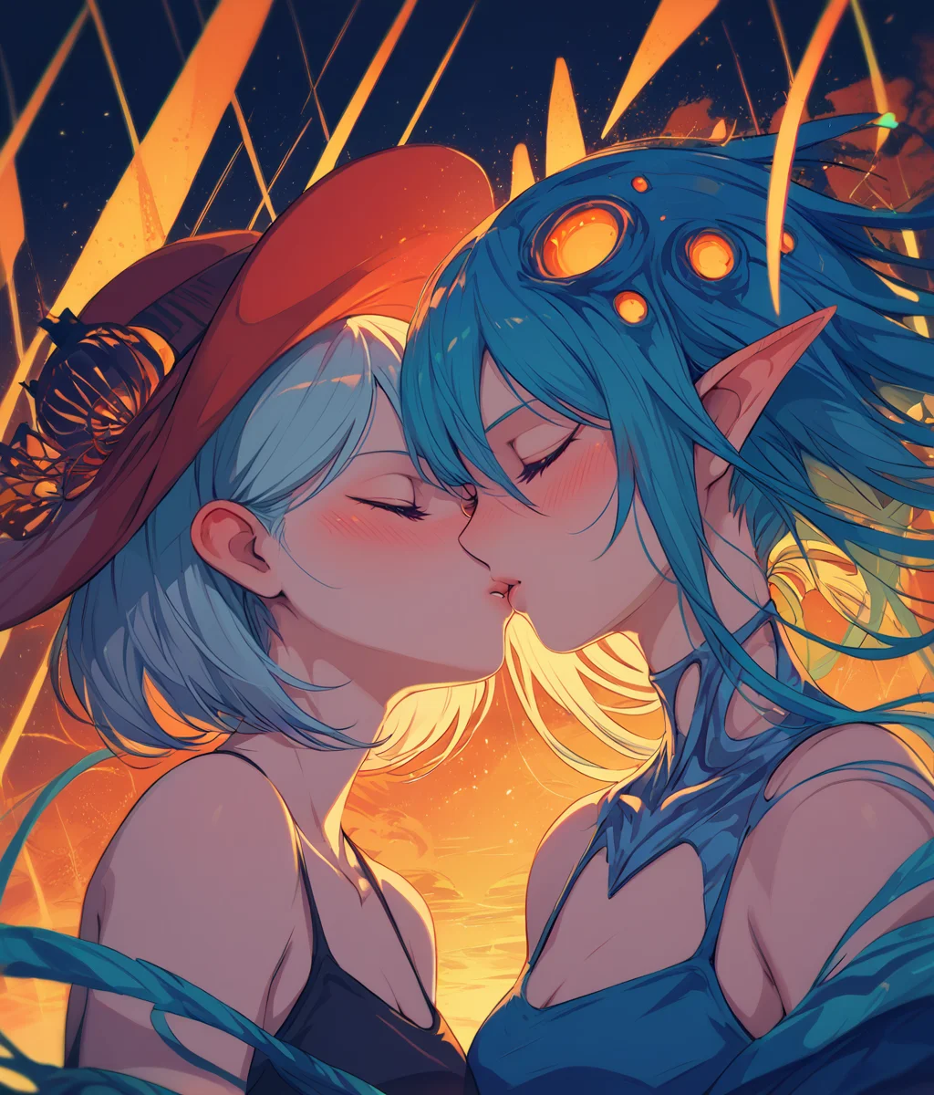 PDXL, <lora:BerryVerrineV1-PDXL:1>, b3rryv3rr1ne,
2girls, closed eyes, blushing, kissing,
(surreal)