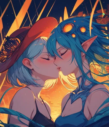 PDXL, <lora:BerryVerrineV1-PDXL:1>, b3rryv3rr1ne,
2girls, closed eyes, blushing, kissing,
(surreal)