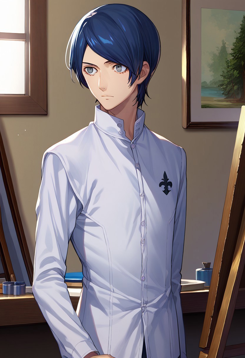 score_9, score_7_up, source_anime 

yusuke, 1boy, male focus, solo, grey eyes, blue hair, short hair, swept bangs, school uniform, shirt, white shirt, collared shirt, long sleeves, focused,

indoor, canvas (object), painting (action), 