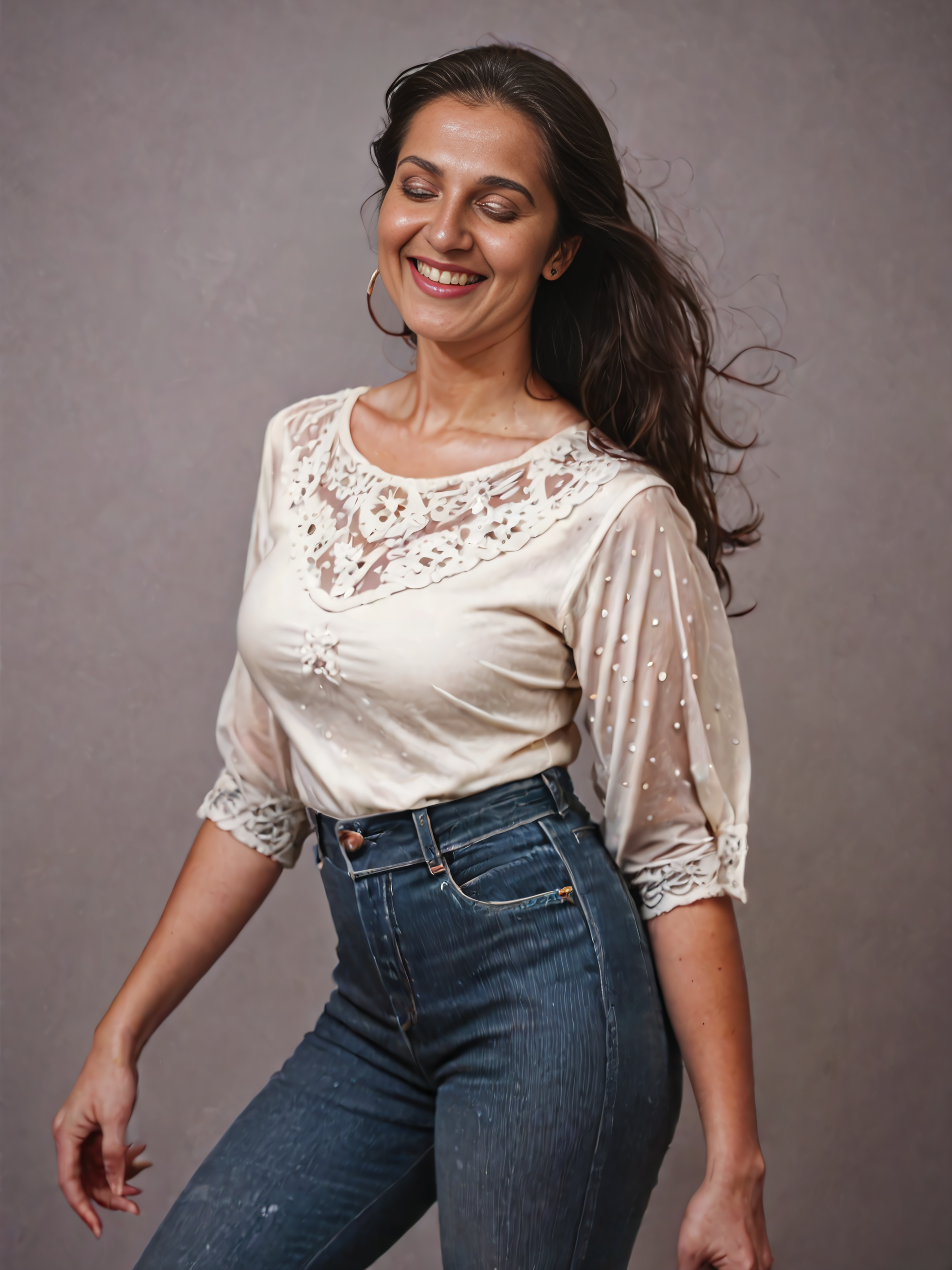 score_9, score_8_up, source_realistic, 1990s style, photo of a  fully clothed desilatte woman, rubensque, beautiful looking, nose ornament, Navy jeans,Closed eyes with a serene smile, dynamic pose,contrasting plain background <lora:Desi_Tabela_v2_PDXL_LoRA_prodigy_local:0.8>