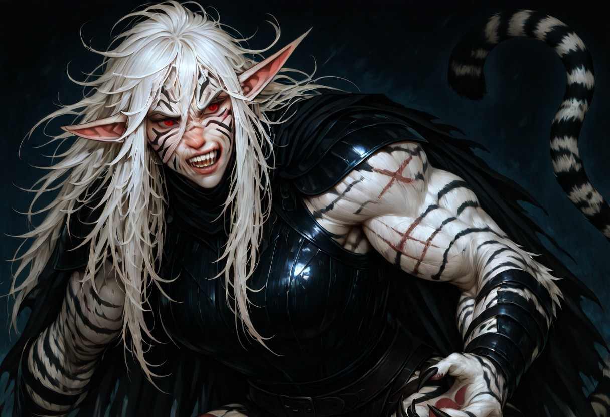 masterpiece, best quality, newest, absurdres, highres, TGV1.0, tiger girl, facial mark, animal ears, cat ears  tiger ears, tiger tail, tiger paws, tiger stripes, 1girl, pale, white skin, colored skin, pale skin, elf, pointy ears, muscular woman, armor, cape, leather armor, scar, scars on face, white hair, long hair, messy hair, black armor, black leather, white fur, tiger stripes, sharp teeth, angry, red eyes, claws, 