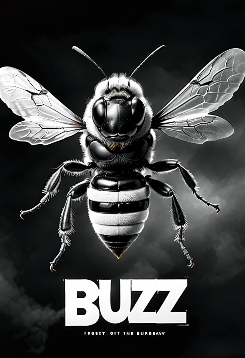 Black and white 1950s horror movie poster for the film "GET BUZZ", the poster features a giant black and white bee, perfect text title style, text:"your text here"