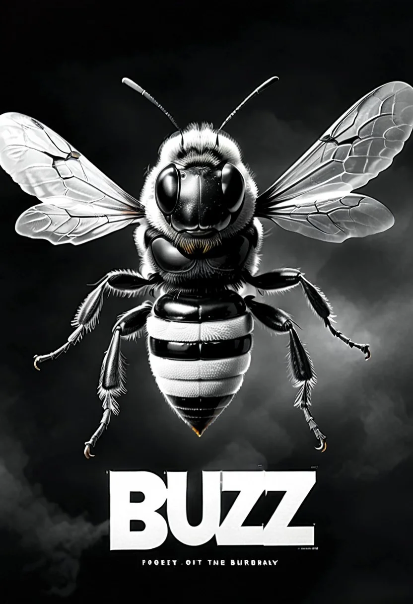 Black and white 1950s horror movie poster for the film "GET BUZZ", the poster features a giant black and white bee, perfect text title style, text:"your text here"