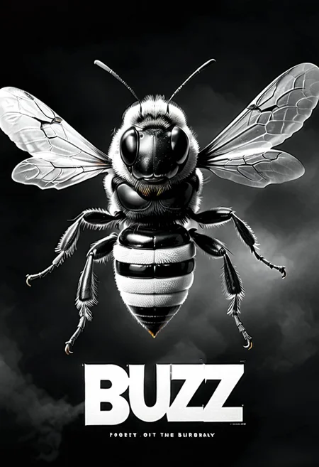Black and white 1950s horror movie poster for the film "GET BUZZ", the poster features a giant black and white bee, perfect text title style, text:"your text here"