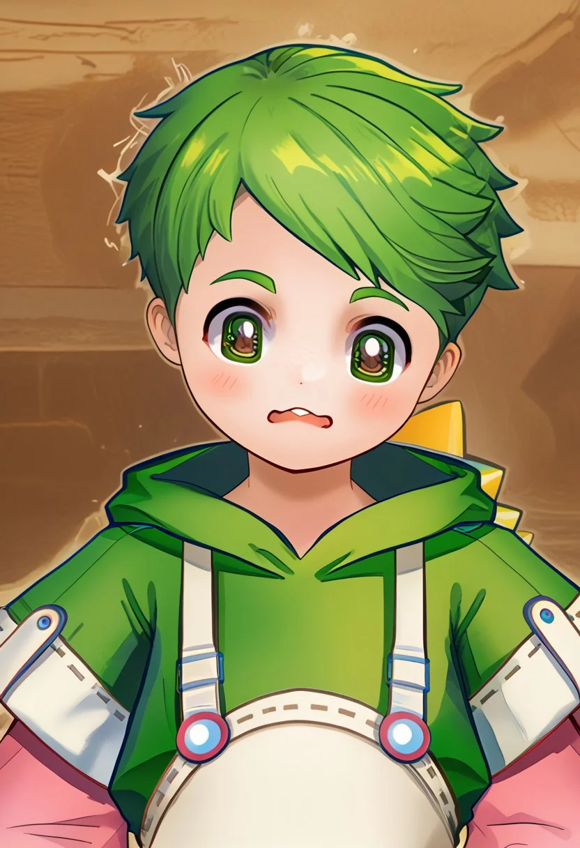 AwanoPB, 1boy, green hair, green iris, brown pupils, yellow blush, white suspenders, white round belly apron, short-sleeved green hoodie with white accents, long fingerless pink arm warmers, green pants, pink sneakers, white outsoles, <lora:AwanoPB:1>, Wangstyle,looking at viewer, <lora:DSC Style:1>DSCStyle, blush , confused , nervous, ??? ,solo ,, Score_9, Score_8_up, Score_7_up ,, Angry, mouth open in anger, side view, hands on hips,
DSCStyle, round eyes, exaggerated proportions, cartoonish features, anime-inspired, cute aesthetics, cartoonish proportions, stylized anatomy, soft shading, warm color palette, semi-flat coloring, vibrant tones, warm and inviting tones, playful expressions, expressive poses, minimal texture, polished finish, whimsical atmosphere, smooth lines, glossy highlights, minimal detail, clean outlines, consistent line weight, gentle highlights,