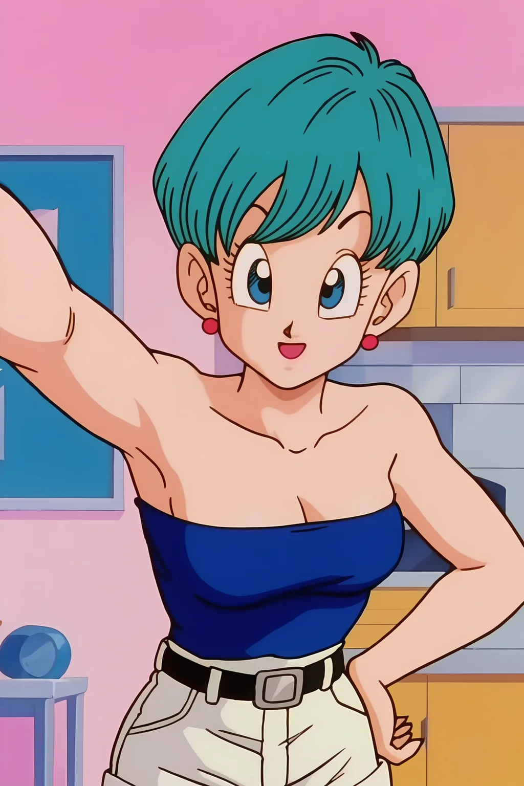 source_anime, score_9, score_8_up, score_7_up, anime screencap, high quality, 8k, absurdres, official style,
bulma, raditz saga, very short hair, aqua hair, blue eyes,
bare shoulders, bare arms, cleavage, collarbone, strapless, tube top, blue topwear, belt, shirt tucked in, white shorts,
indoors, cowboy shot, selfie, armpits, smile,
<lora:bulmaDBZ_pony_v2:0.8>