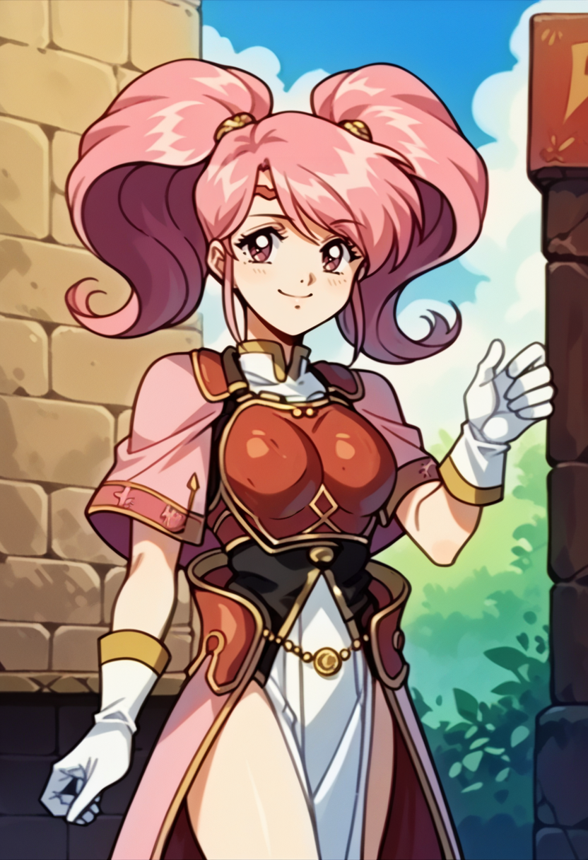 score_9, score_8_up, score_7_up, source_anime, BREAK, solo, 1girl, smile, looking at viewer, <lora:Mae-pdxl_Fp:1>, maefe, twintails, pink hair, pink eyes, circlet, long hair, armor, breastplate, capelet, pelvic curtain, white gloves,  <lora:FeOva-pdxl_Fp:1>, 1990s \(style\), retro artstyle,