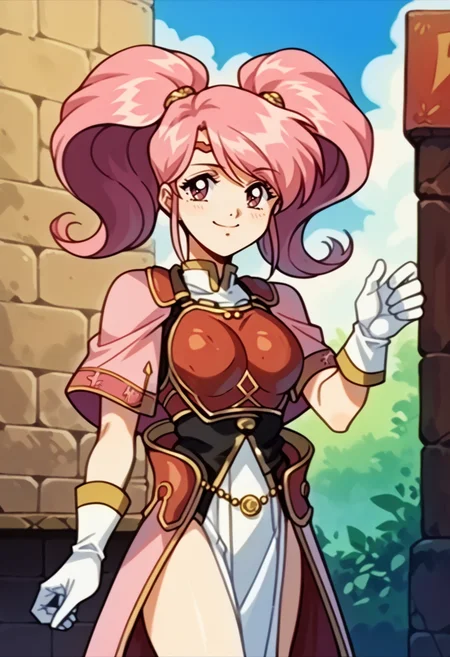 score_9, score_8_up, score_7_up, source_anime, BREAK, solo, 1girl, smile, looking at viewer, <lora:Mae-pdxl_Fp:1>, maefe, twintails, pink hair, pink eyes, circlet, long hair, armor, breastplate, capelet, pelvic curtain, white gloves, <lora:FeOva-pdxl_Fp:1>, 1990s \(style\), retro artstyle,