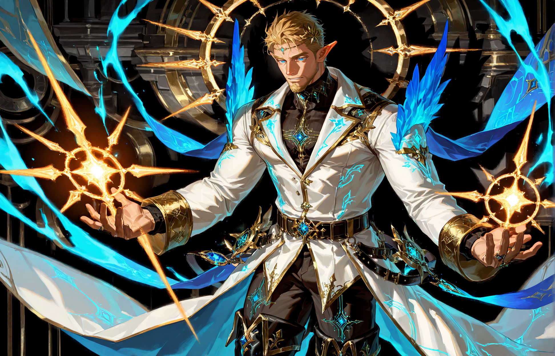 <lora:Nasario__Alchemist_Code-000003:.7>, tagatamenasario, 1boy, elf, blonde, middle hair, blue eyes, gold hair ornament, hair accessory, solo, male focus, manly, mature male, bara, muscle body, coat, shirt, turtleneck, long sleeves, gold trim, glowing pattern, pants, full-leg boots,
cowboy shot,
(very short hair, beard, bara, mature, facial hair, stubble, beard, full beard, sideburn, beard, a lot of beard, ), facial hair,male focus, muscular male, muscular male, bara, mature,  bara, mature, aixiwuganda_(20222192), very awa, masterpiece, best quality, absurdres, newest, perfect quality, detailed background, intricate details,
<lora:slider_Body Type_alpha1.0_rank4_noxattn_last:3><lora:Anime Summer Days 2 Style SDXL_LoRA_Pony Diffusion V6 XL:.6><lora:slider_cfg_scale_boost:.7><lora:Artist6p:.55>, Artist6p, Artist04p,<lora:slider_il_brightness_slider_d1:-1><lora:slider_il_contrast_slider_d1:-1><lora:slider_DarkSlider1.2_alpha1.0_rank16_full_300steps:-.6><lora:slider_contract_controller_illus01_v1:.5>,
