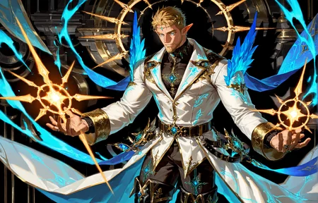 <lora:Nasario__Alchemist_Code-000003:.7>, tagatamenasario, 1boy, elf, blonde, middle hair, blue eyes, gold hair ornament, hair accessory, solo, male focus, manly, mature male, bara, muscle body, coat, shirt, turtleneck, long sleeves, gold trim, glowing pattern, pants, full-leg boots,
cowboy shot,
(very short hair, beard, bara, mature, facial hair, stubble, beard, full beard, sideburn, beard, a lot of beard, ), facial hair,male focus, muscular male, muscular male, bara, mature,  bara, mature, aixiwuganda_(20222192), very awa, masterpiece, best quality, absurdres, newest, perfect quality, detailed background, intricate details,
<lora:slider_Body Type_alpha1.0_rank4_noxattn_last:3><lora:Anime Summer Days 2 Style SDXL_LoRA_Pony Diffusion V6 XL:.6><lora:slider_cfg_scale_boost:.7><lora:Artist6p:.55>, Artist6p, Artist04p,<lora:slider_il_brightness_slider_d1:-1><lora:slider_il_contrast_slider_d1:-1><lora:slider_DarkSlider1.2_alpha1.0_rank16_full_300steps:-.6><lora:slider_contract_controller_illus01_v1:.5>,