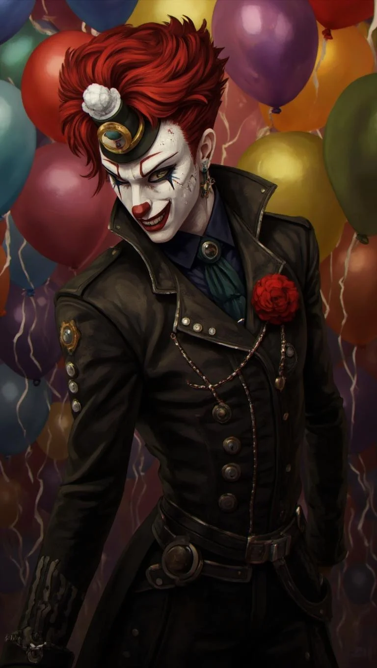 <lora:ck-LttleGhost-000011.safetensors:1> in the style of ck-lttlegh0stA steampunk-inspired clown stands out against a backdrop of colorful balloons in a hauntingly appealing atmosphere. His face paint and red hair exude an unsettling aura, while the intricate leather suit and buttons add to his striking appearance. The overall visual impact is one of surrealism, with the clown's dark beauty captivating the viewer.
