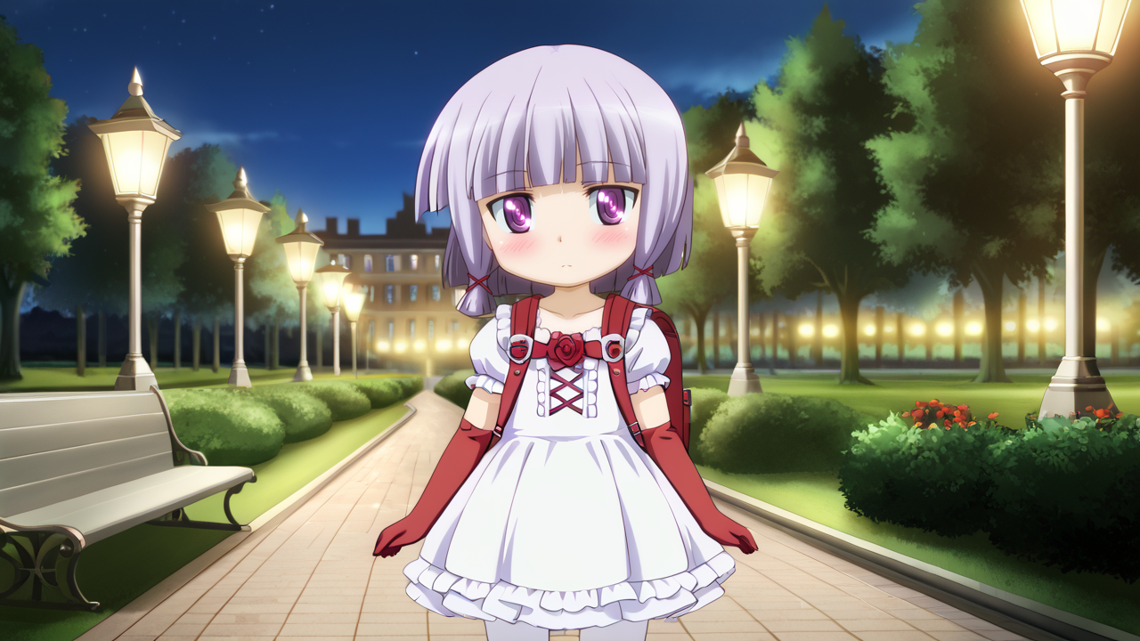 1girl,blush,full_shot,Emily Redhands,looking_at_viewer,white_dress,solo,pantyhose,white pantyhose,gloves,elbow gloves,red gloves,park,gloves,dress,night,chibi,<lora:Emily(pony):1.5>,backpack,, masterpiece, best quality, amazing quality, very aesthetic, high resolution, ultra-detailed, absurdres, newest, scenery, {Prompt}, BREAK, depth of field, masterpiece, best quality, amazing quality, very aesthetic, high resolution, ultra-detailed, absurdres, newest, scenery, volumetric lighting