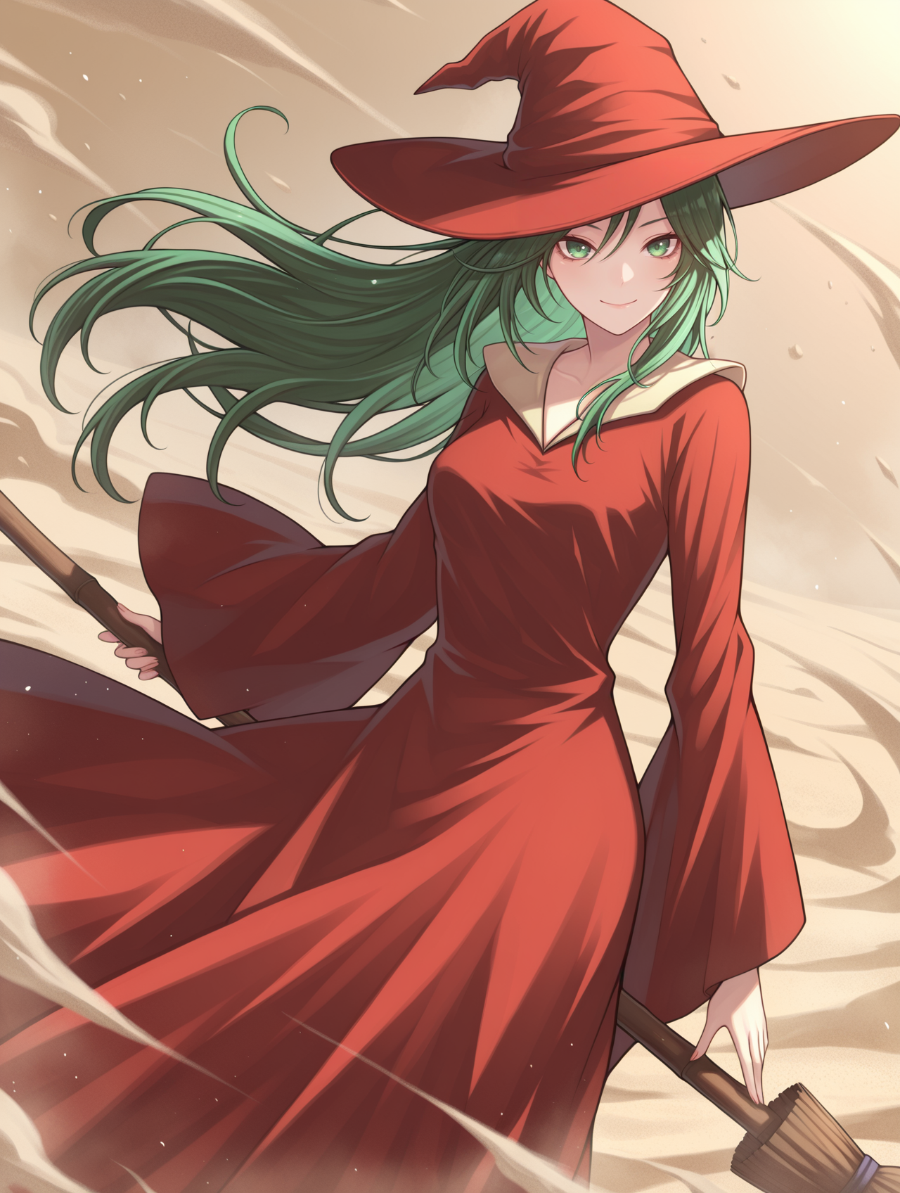 mystical sand,1girl,solo,broom,holding broom,sand,smile,red witch hat,adjudting hat,red long dress,dust,sand,wind,floating hair,
masterpiece,best quality,amazing quality,very aesthetic,absurdres,newest,<lora:Mystical Sand illuXL v1:0.77>,